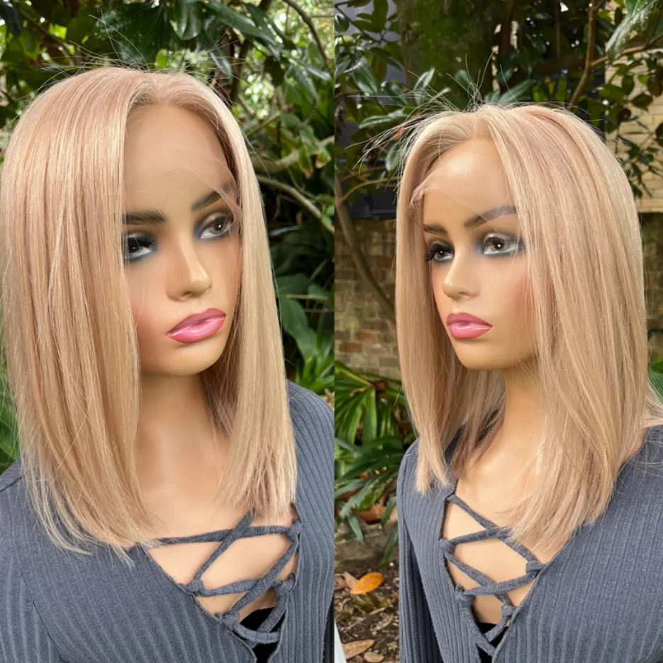 

Free Part Synthetc Lace Front Wig Blonde Brown Dark Roots Short Bob Wig Soft Natural Hairline Heat Resistant Synthetic Wig