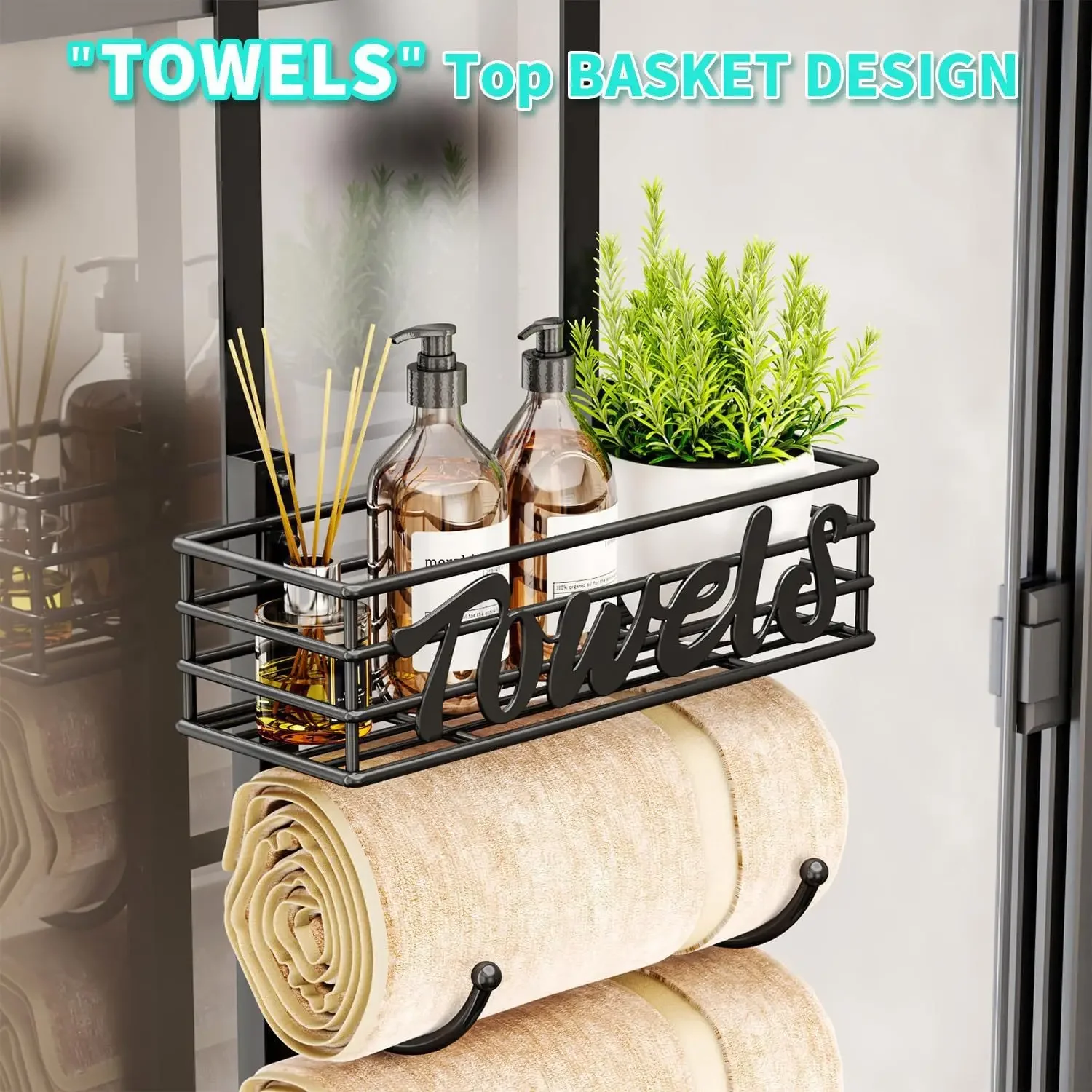 6th floor bathroom, wall-mounted towel rack with metal rack, rolled towel storage door hanging towel storage