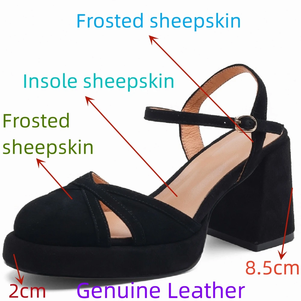 【JOCHEBED HU】Summer Women Genuine Leather Shoes Square Head  High Heel Waterproofing Platform Temperament Sandals For Female