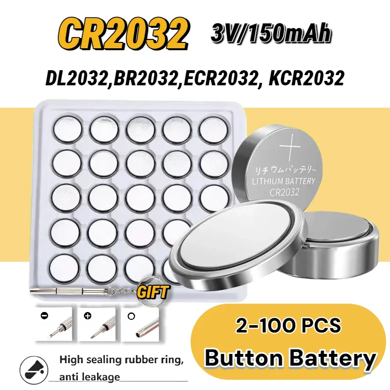 

CR2032 Battery 3V Lithium Coin Cell 150mAh for Car Key Remote Watch Toy Calculator Scale, Long Life Power