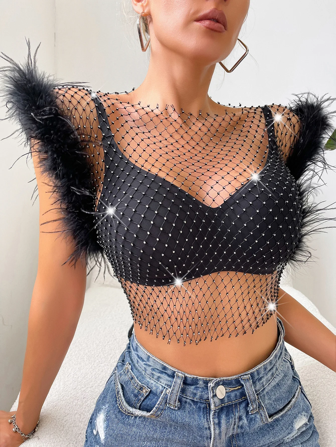 

Feather Rhinestone Fishing Net Top 2024 Summer Mesh Rhinestone Glitter Women's Short Sleeve Tank Top