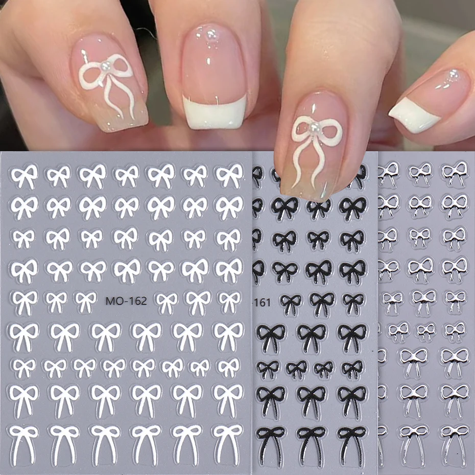 สติกเกอร์ติดเล็บลายโบว์เรียบง่าย 3 ชิ้น สีดำ ขาว เงิน ริบบิ้นผูกโบว์ กาวในตัว น่ารัก ตกแต่งเล็บวันวาเลนไทน์