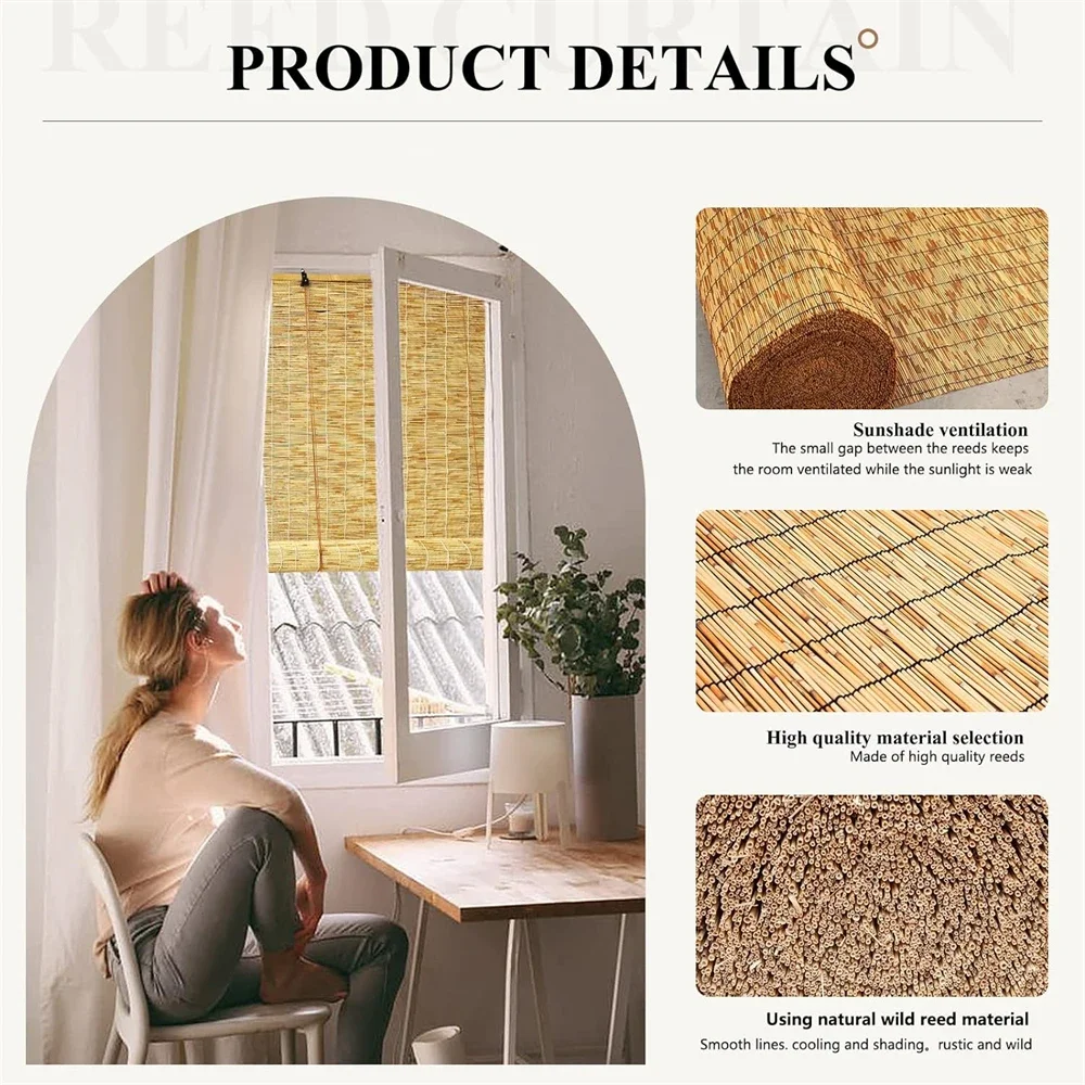 Roller Shading Blinds Reed Curtain Shutters Lifter Outdoor Shades Wooden Natural Blinds Window Curtain Kitchen Balcony Tea Room