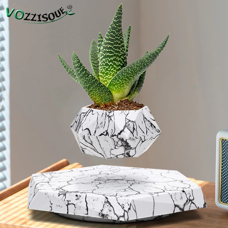 

Smart Marble Pattern Magnetic Suspension Flower Pot Fashion Cool Geometric Design Home Decor Ornaments Maglev Plant Bonsai Pots