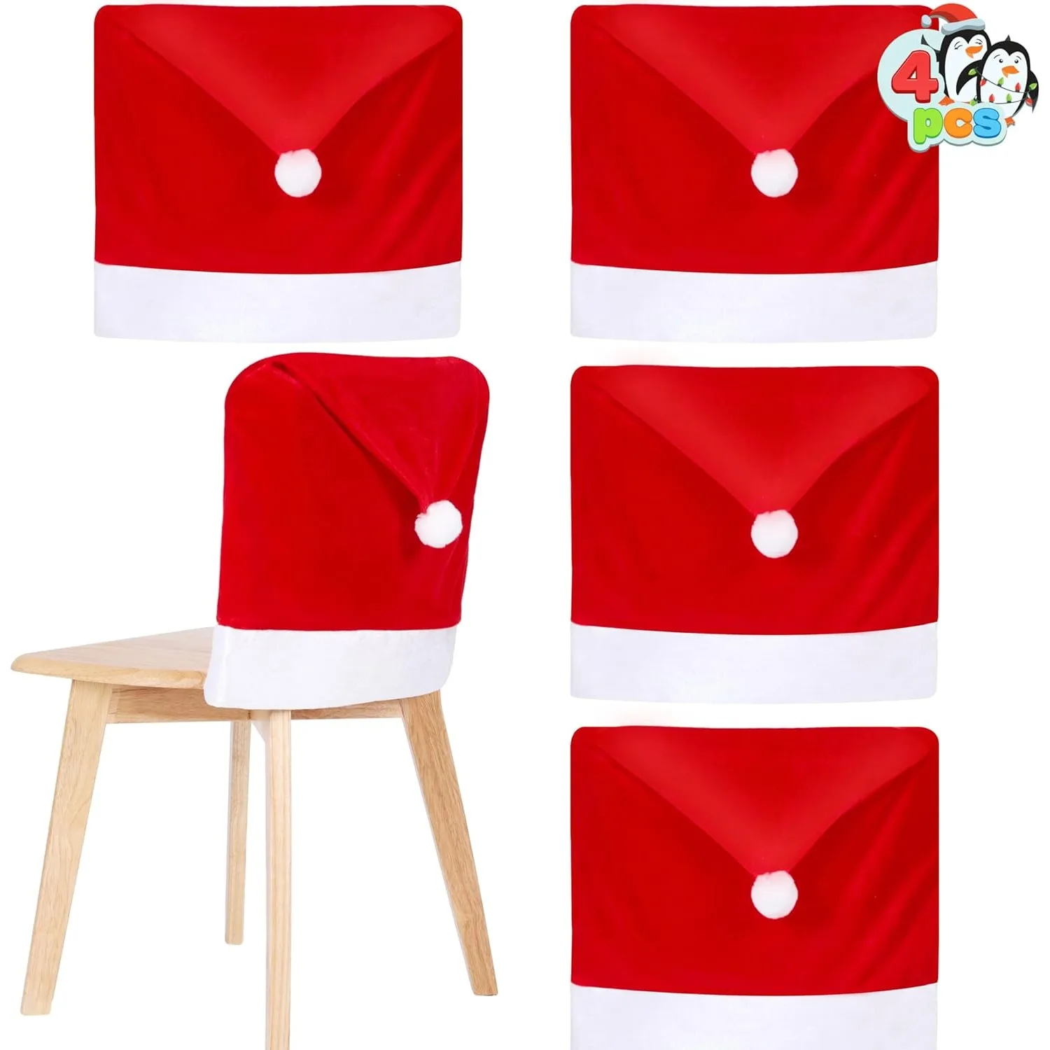 4 Pcs Christmas Chair Cover Party Packs Red Santa Hat Chair Slipcovers for Christmas Holiday Festival Decoration Santa Claus Chair Back Covers Xmas Indoor Decor Ornaments Set