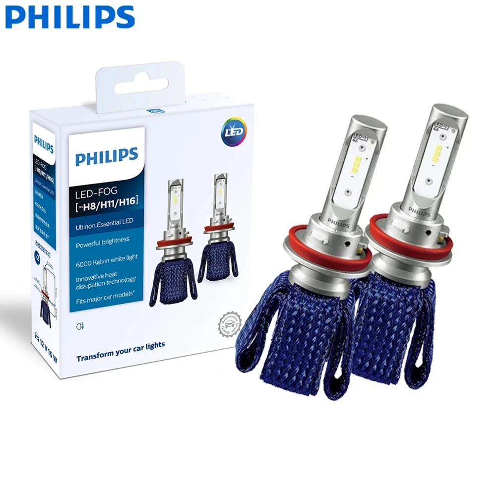 Светодиодные лампы Philips Ultinon Essential H8 H11 H16 6000K 12V LED +100% яркость, автомобильные фары HL, ThermalCool 11366UEX2, 1 пара