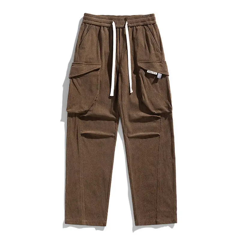 

Men's Corduroy Cargo Pants Autumn Baggy Wide Leg Loose Fit Drawstring Elastic Waist Sweatpants Vintage Pockets Workwear Pants