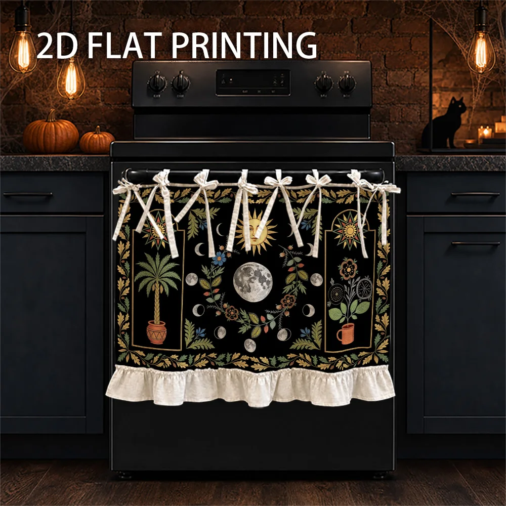 1PC Kitchen stove Curtain, Cabinet Curtain, Apron. Features a 2D graphic print design with sun, moon and floral prints. Perfect
