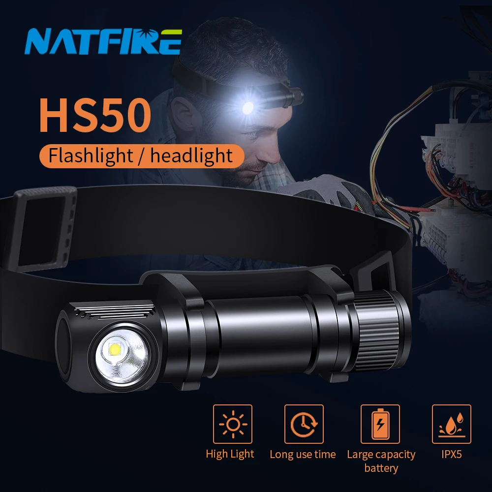 NATFIRE-HS50 헤드램프 LED EDC 18650 충전식 USB C 헤드 램프 1000LM 밝은 야외 낚시, 자석 테일 캡 포함 