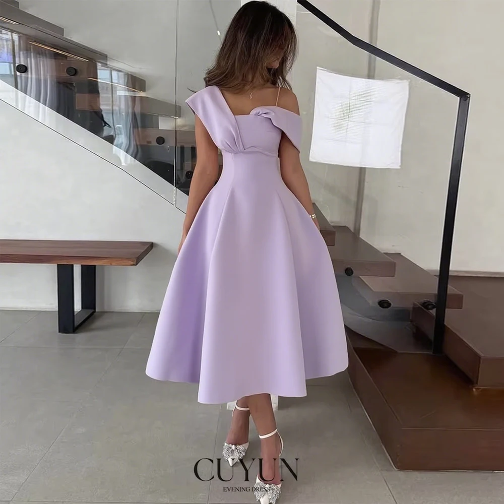 

CUYUN Pink Women Prom Dresses Tea-Length Off the Shoulder Party Dresses A Line Customized Women Evening Dresses Special Occasion