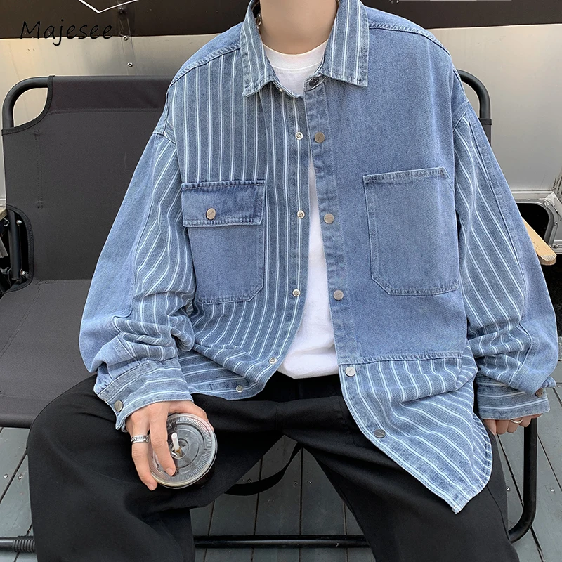 

Patchwork Jackets Men Denim Simple High Street Japanese Style Vitality Teenagers Baggy Prevalent Chic Harajuku Single Breasted