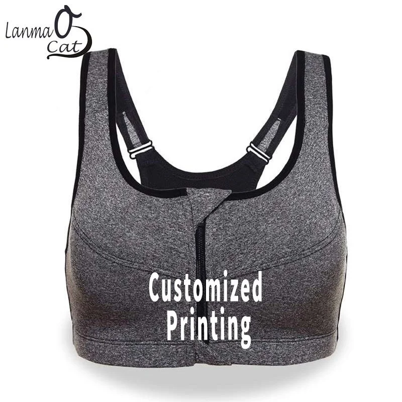 

Lanmaocat Women's High Impact Front Zip Bra No Wire Bra Customized Logo Printing Padded Push Up Fitness Brassiere 4XL 5XL