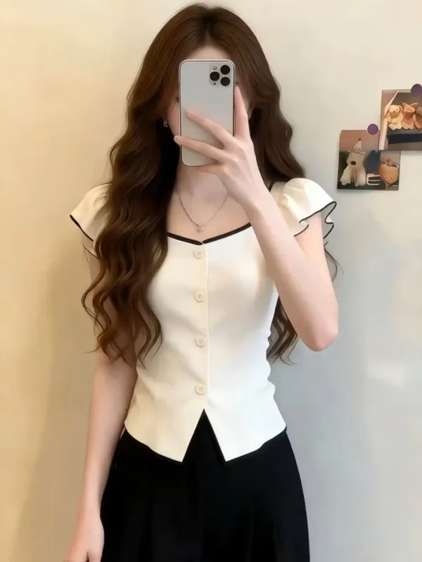 

Elegant White Contrast Color Square Collar Single Button Short Sleeve Women's Shirt Fashionable Summer High-End Feeling