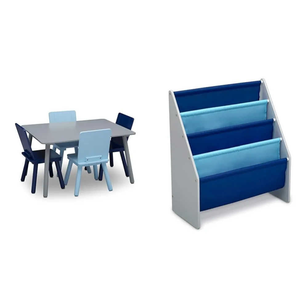 Kids Table and Chair Set (4 Chairs Included) & Sling Book Rack Bookshelf for Kids - Easy-to-Reach Storage for Books