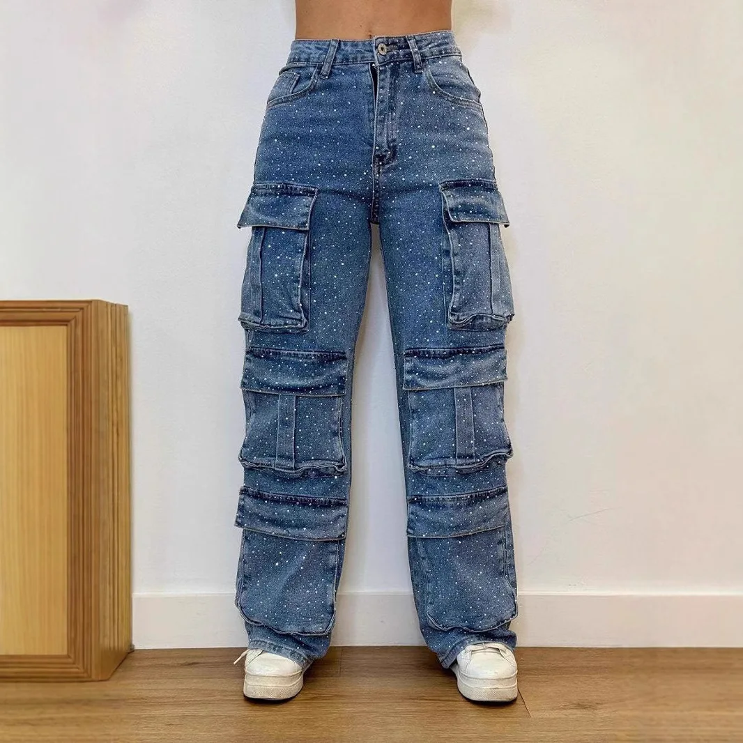 2025 Fashion Street Style Pocket Diamond Casual Jeans Overalls Women's Europe, America