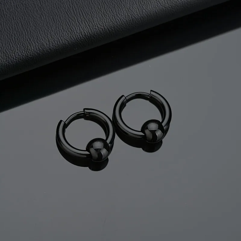 2pcs Stainless Steel Hoop Earrings For Men Small Circle Metal Ball Anti-allergic Ear Buckle Rock Hip Hop Artificial Jewelry