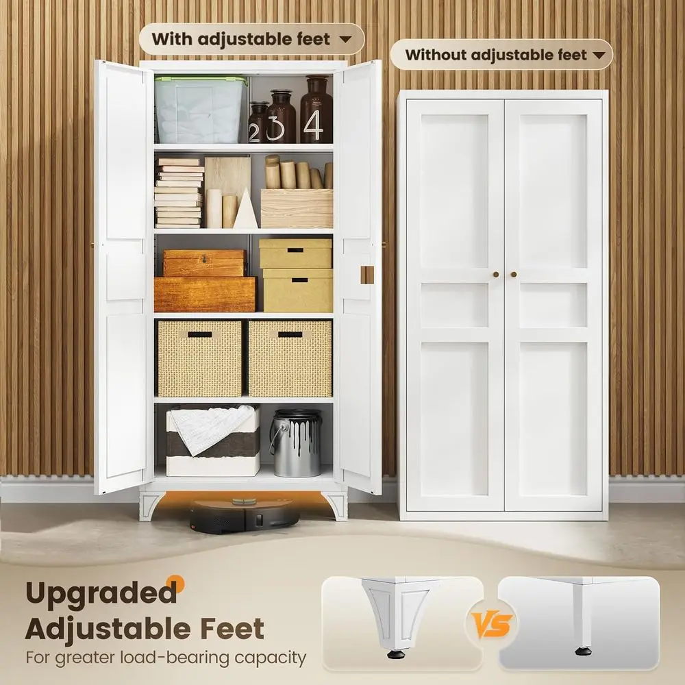 Metal Storage Cabinet with 2 Doors and 4 Adjustable Shelves - 61 White Kitchen Pantry Storage 5-Tier Tall Steel Cabinet for Kitc view 6