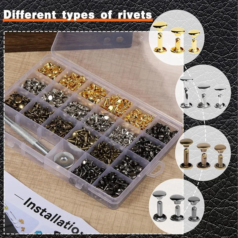 Leather Rivets, 600 PCS Multicolor Double Cap Rivets, Leather Rivet Kit With Hollow Punch,Punch Tool And Rubber Harmmer