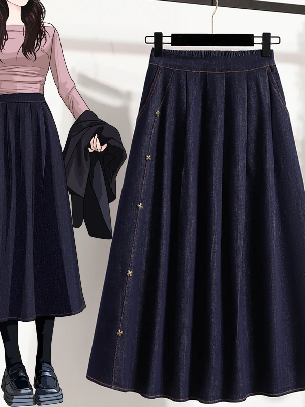Fashionable Mid-Length Loose Jeans Skirt Elastic Waist Commuter Style Casual Cotton Polyester Blend mid Waist Silk Luster
