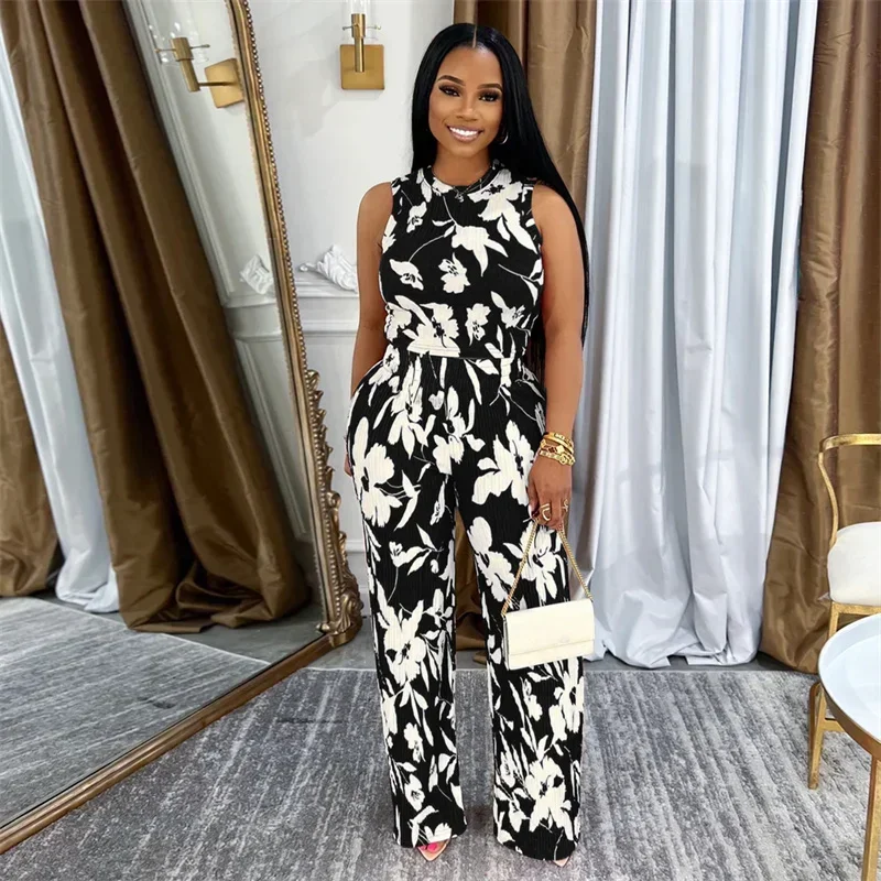 พิมพ์ดอกไม้ 2 ชิ้นชุดผู้หญิงฤดูร้อนชุด O-คอด้านบนและกางเกงขากว้างเอวสูงชุดการจับคู่ Conjunto Mujer