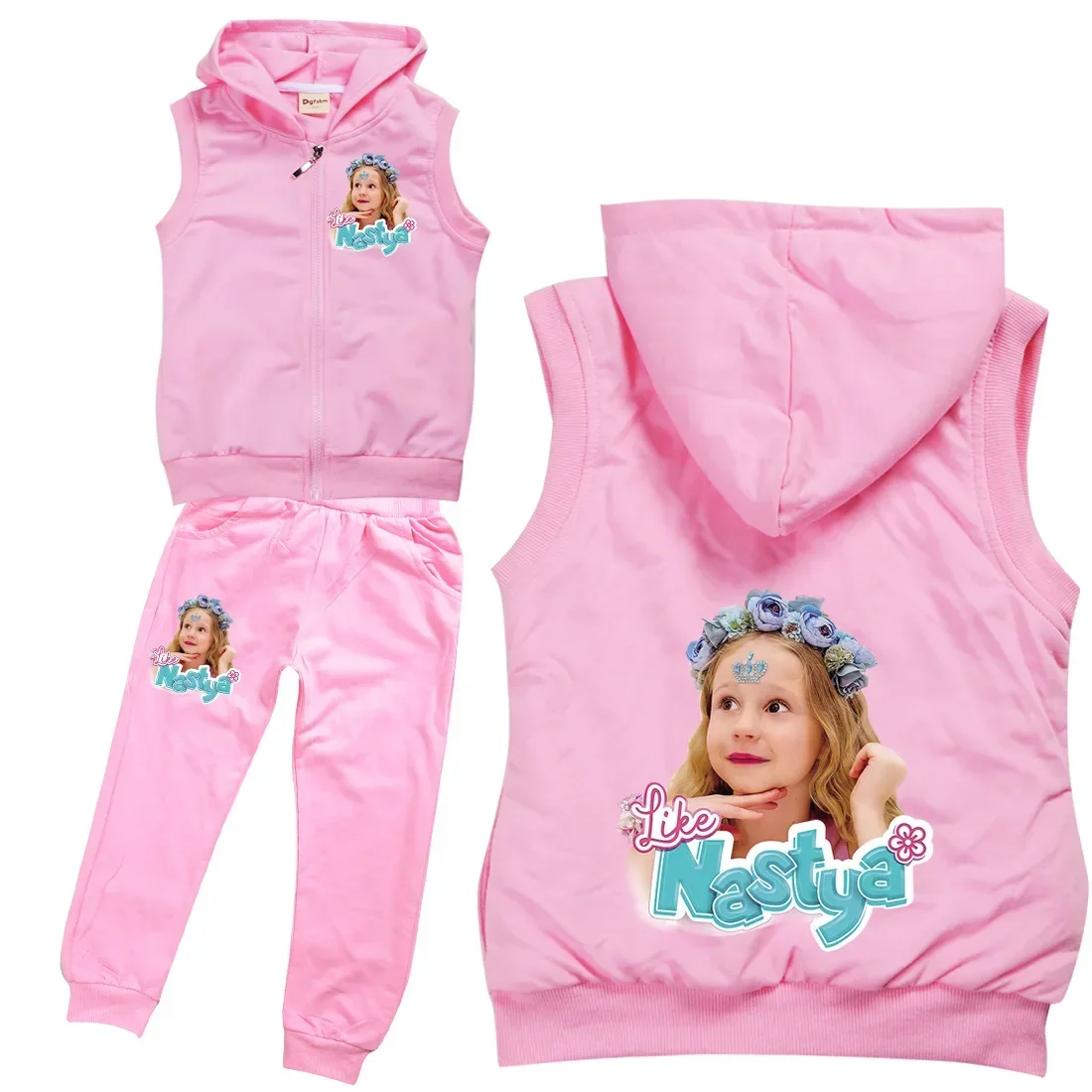 Russian Like Nastya Show Costume Kids Sleeveless Zipper Jackets Pants 2pcs Set Baby Girls Outfits Boys Sportsuit Children's Sets