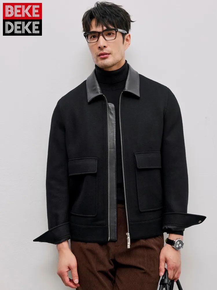 Hot Sale Autumn Winter Mens Spliced Sheepskin Bomber Jacket High Quality Work Male Turndown Collar Jackets Zipper Leisure Coat