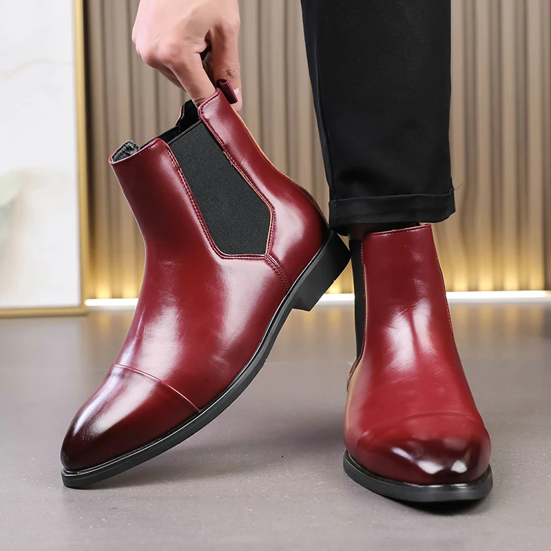 

Мужские ботинки челси с красной подошвой, с круглым носком, без застежек, деловые ботинки до щиколотки, размеры 38-46, короткие мужские ботинки, обувь для мотоциклистов