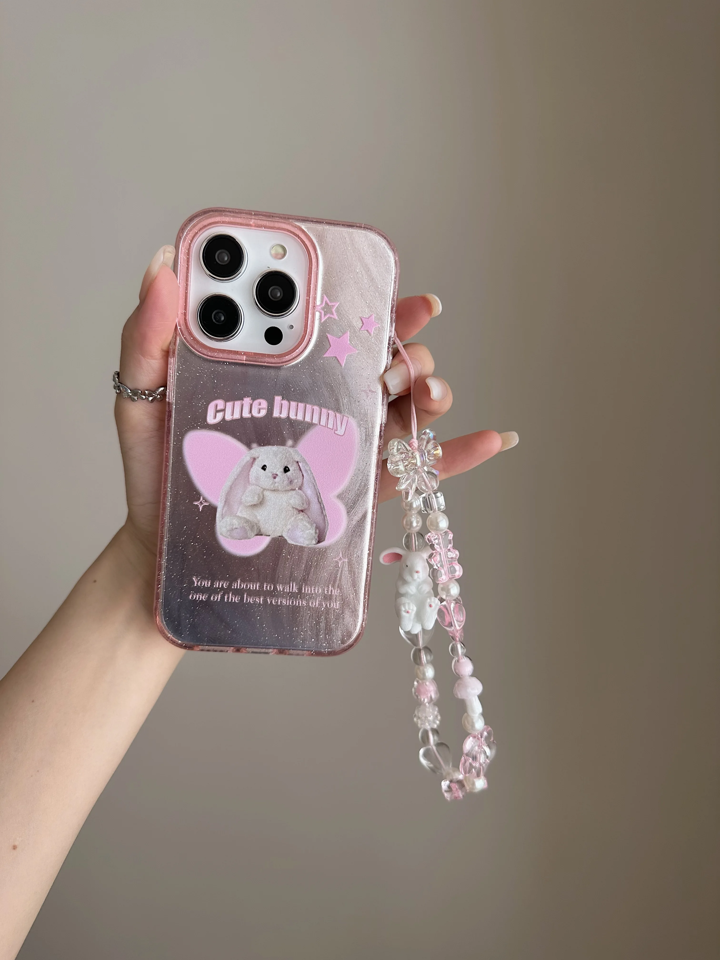 Ins Cartoon Winged Rabbit Pink Star Flash Powder Heart Bracelet Phone Case for iPhone 15 14 13 Pro Max 12 Pro Plus Back Cover image 4