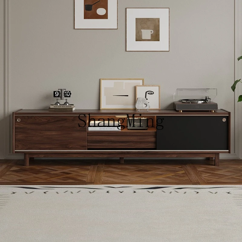 

FG black walnut TV cabinet living room combination tea TV multi-function locker retro