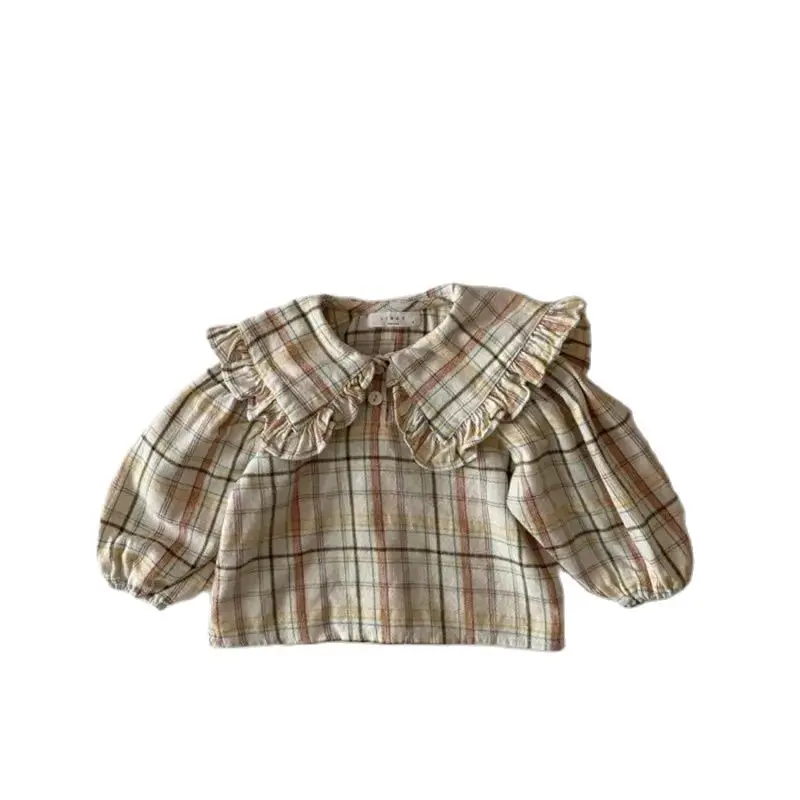 2024 Autumn Toddler Baby Girls Shirt for 1-5Y Full Sleeve Cotton Doll Collar Kids Girls Plaid and Solid Blouse Tops Clothing