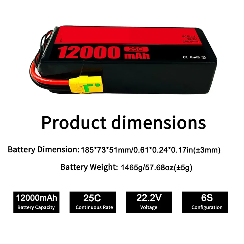 Superior 12000mAh 6S 22.2V 25C Large Capacity High Efficiency Long Cycle Life Universal Lipo Battery For RC Model Aircraft UAV