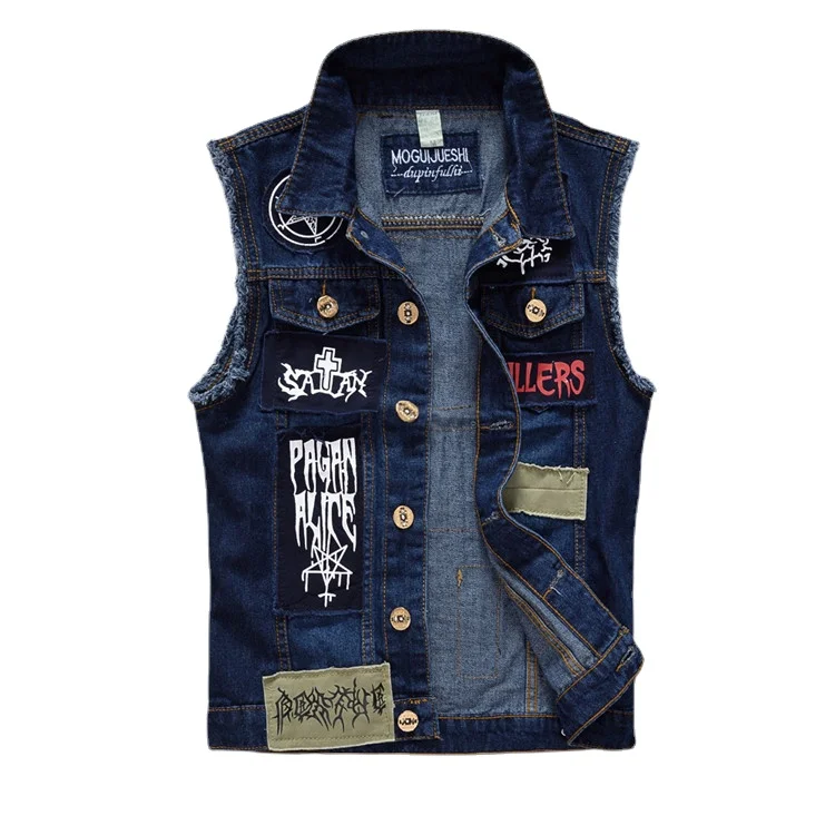 Men Patched Denim Waistcoats Vests Jackets New Fashion Male Fit Denim Coats Vests High Street Wear Holes Jeans Vests Size S-5XL