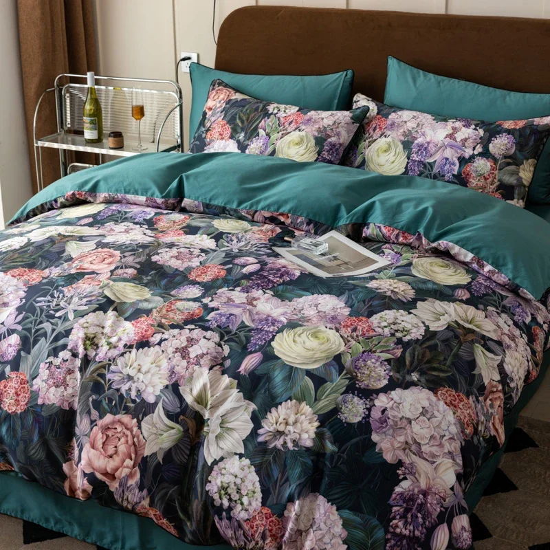 1000TC Egyptian Cotton Flowers Plant Prints Bedding Set Single Double Queen King Size Duvet Cover Set Bed Sheet Pillowcases 4Pcs