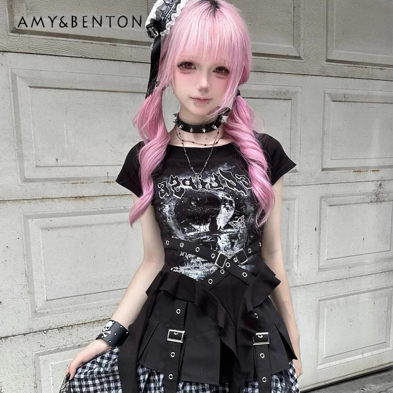 

Japanese Design Black Sweet Cool Short Sleeve Women's T-Shirt New Subculture Print Slimming Waist Hot Girl Top T-Shirts ladies