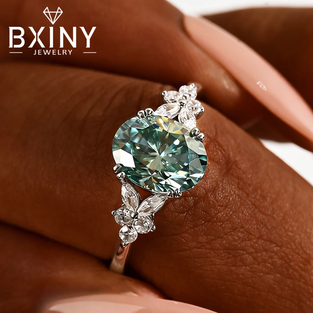 

BXINY 2CT Oval Cut Green Moissanite Ring 100% S925 Silver for Women Vine Leaves Certified Diamond Wedding Band Gift Fine Jewelry