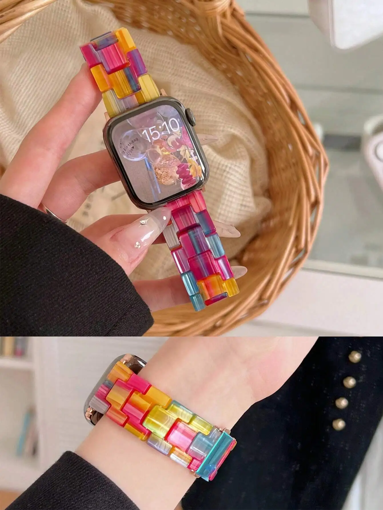 

1pc Fashionable Rainbow Resin Watchband, Adjustable, Waterproof And Wear-Resistant, Compatible With Apple Watch Bands 38/40/41/42/44/45/46/49mm, Compatible With Apple Watch Series Ultra/SE/11/10/9/8/7/6/5/4/3/2/1, Smart Watch Strap Accessory