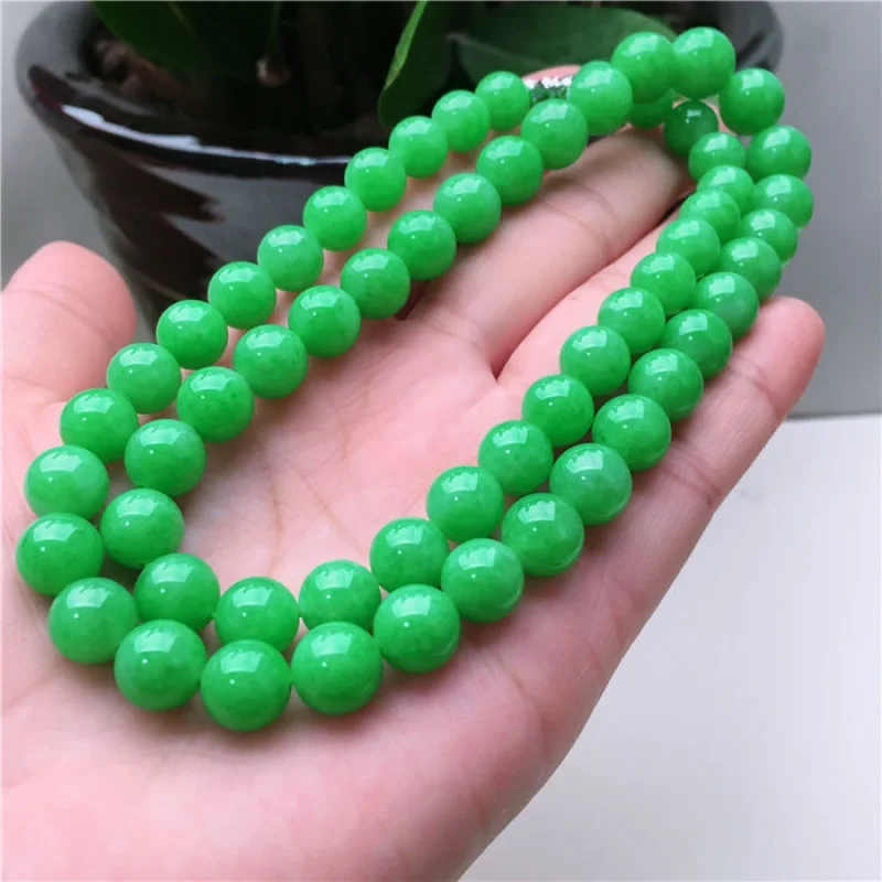 Genuine Goods Myanmar A- Level Necklace Natural Mine Timber Jade Ice Waxy Kinds Full Green Beaded Sweater Chain Neckl