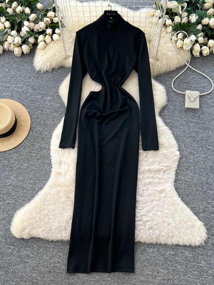 フォームリナ シンプル ブラック ハイネック ワンピース ウエストカットアウト スリム 長袖 ボディコン マキシ丈ワンピース レディース セクシー イブニング パーティー ガウン