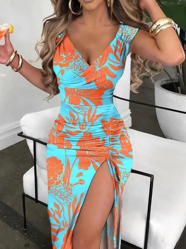 Vestidos Para Mujer Women's Printed Summer Dress, V-neck Elegant Casual Clothing, Sleeveless, Tight Fitting, Beach Party, 2024