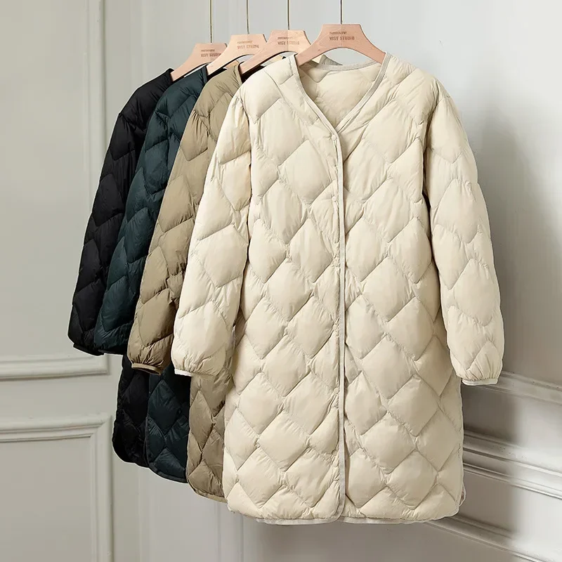 Frauen Ultraleicht Weiße Ente Unten Lange Jacke Argyle V-ausschnitt Kragen Casual Herbst Winter Outwear Mantel 2023 Neue Mode