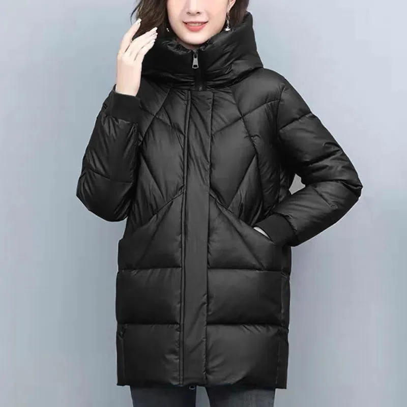 2023 casaco de algodão com capuz feminino meados de comprimento jaquetas de inverno elegante mãe parkas acolchoado jaqueta grossa para baixo