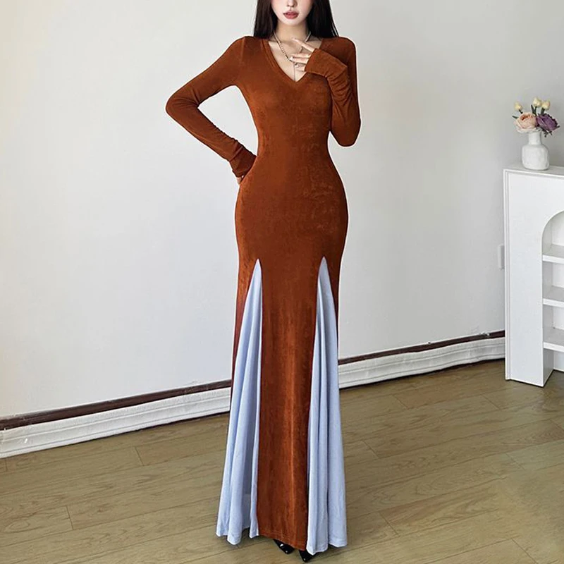 Mulheres vintage elegante contraste cor retalhos vestidos de festa à noite y2k sexy decote em v manga longa bodycon clube maxi vestido