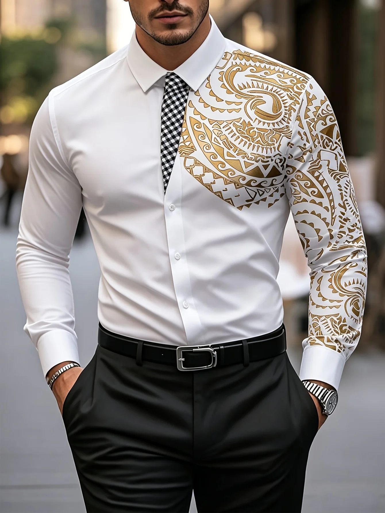 Men Long Sleeve Button Down Shirt White Gold Tribal Paisley Partial Print Polyester Lapel Collar Business Party
