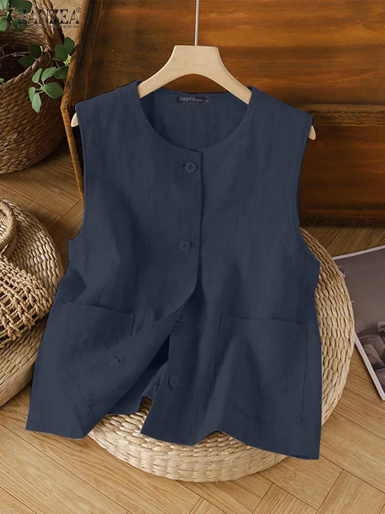 

2024 ZANZEA Women Vintage Vests Tops Summer Elegant OL Work Shirt Casual Solid Button Blusas Female Sleeveless Cotton Blouse