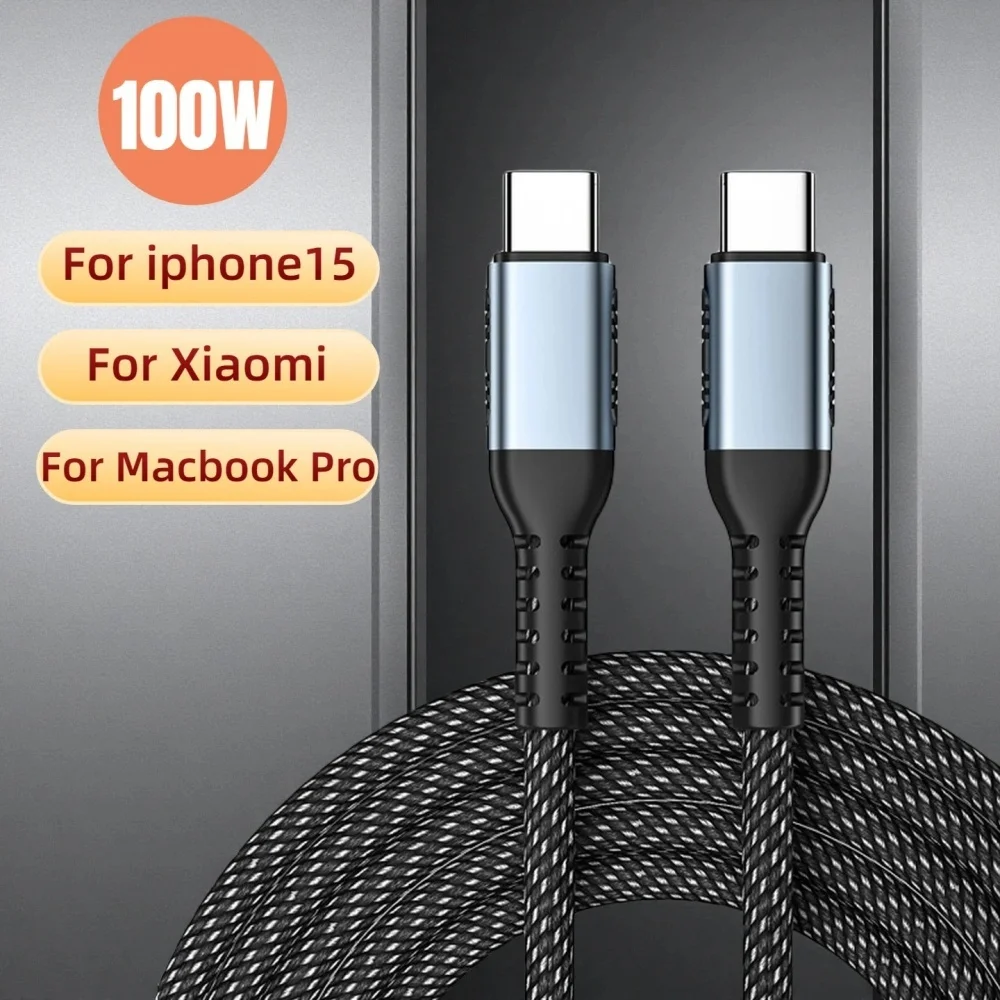 USB C to USB C 100W Cable PD 5A Fast Charging Nylon Braided Type C Cord for Samsung Xiaomi Huawei iPhone 15 Pro Max QC 3.0 Wires