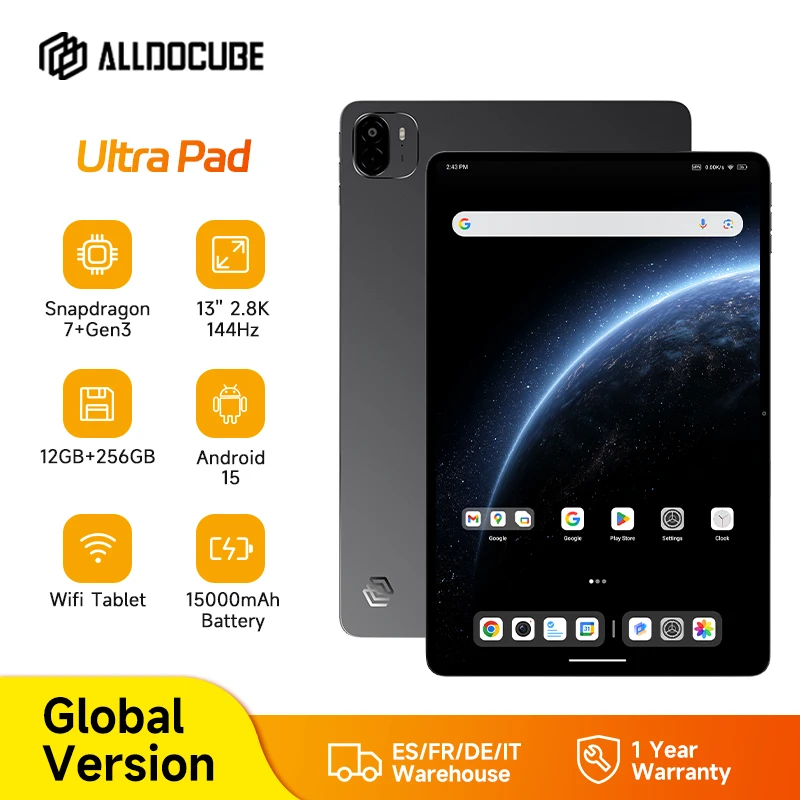 ALLDOCUBE Ultra Pad 13 ''2.8K 144Hz tablette Snapdragon 7 + Gen3 12GB 256GB 15000mAh Android 15 Cube AI Smart Pad 8 haut-parleurs