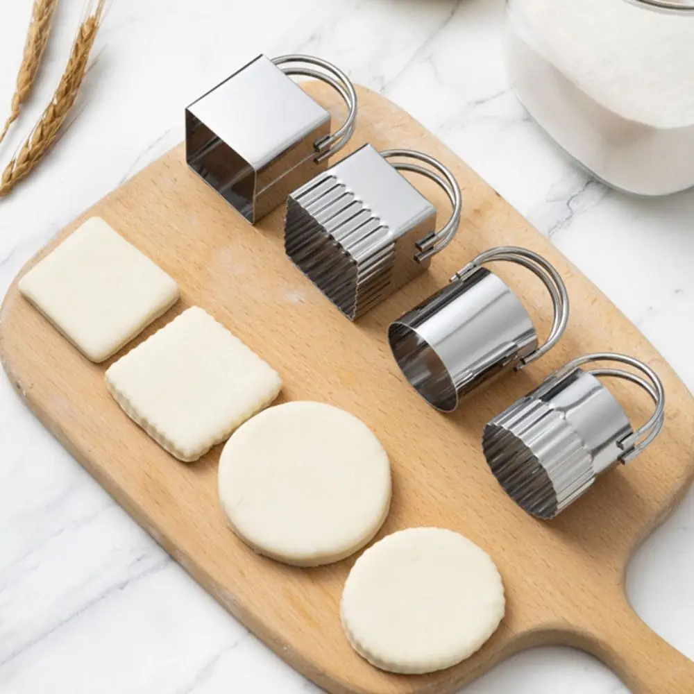 5pcs Square/Round Stainless Steel Cookie Cutter Set Lace/Straight Edge with Handle Biscuit Mold DIY 5 Sizes Sandwich Mold