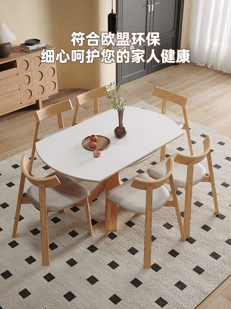 Cream wind folding solid wood rock slab retractable dining table household small apartment light luxury modern simple variable