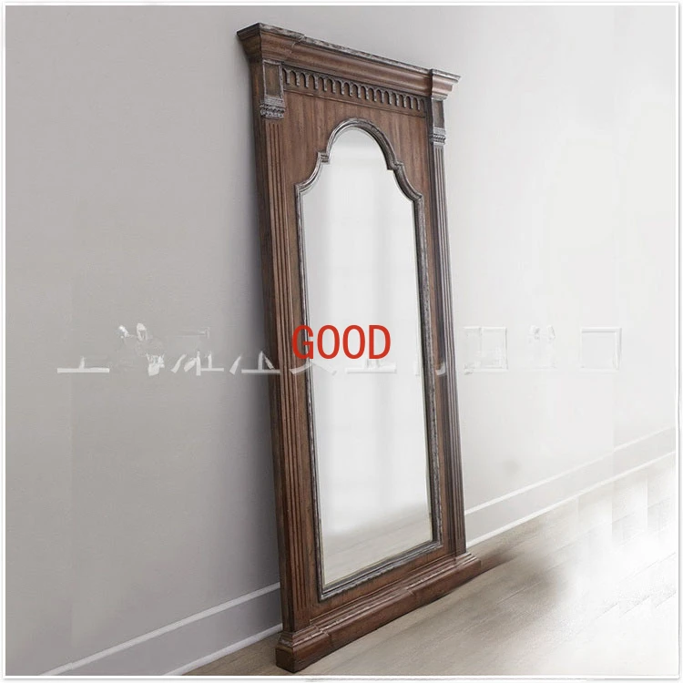 Solid wood barber shop full-length mirror retro carved log oak full-body floor mirror