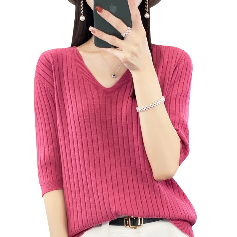 Atasan Rajut Wanita Model V-neck Musim Panas, Longgar, Lima Model Dasar, Modis untuk Kerja, Model Longgar, Kerah Bulat